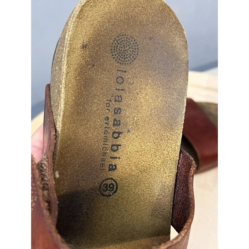 Lola‎ Sabbia for Eric Michael Sandals Womens 39 Brown Leather Cork Wedge Slide